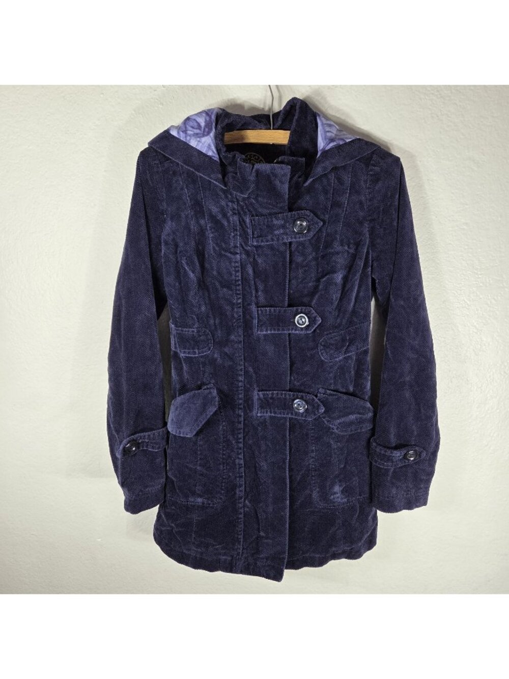 Anthropologie Idra Navy Blue Corduroy   Hooded Jacket Size 0 Floral Swirl Lining